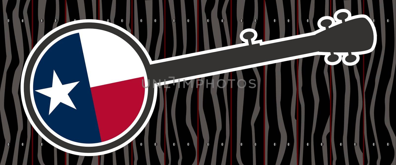 Texan flag and banjo silhouette set against a dark fence style background