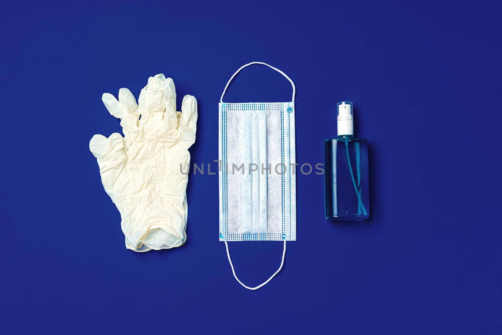 Face mask, medical gloves and sanitizer. Coronavirus covid-19 prevention concept