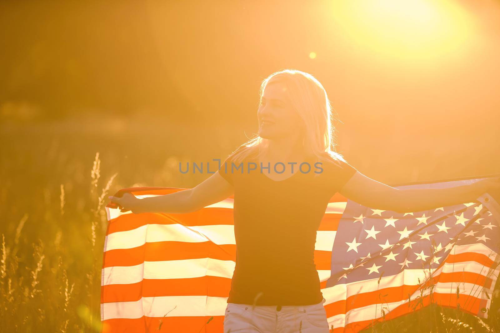 Beautiful Young Woman with USA Flag