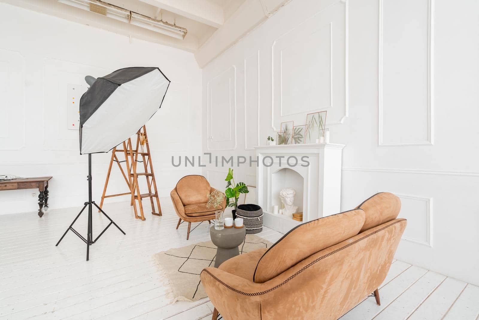 Interior photo Studio. Morning in light interior. Bright and clean interior design of a luxury living room with wooden floors, fireplace, sofa and chair .