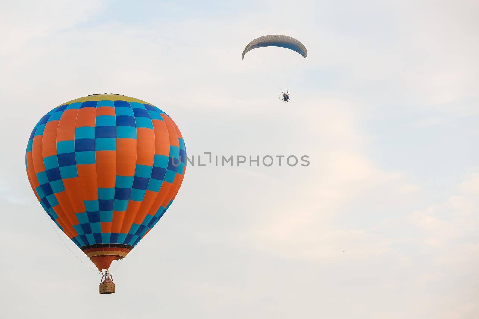 hot air balloon over blue sky. Composition of nature and blue sky background