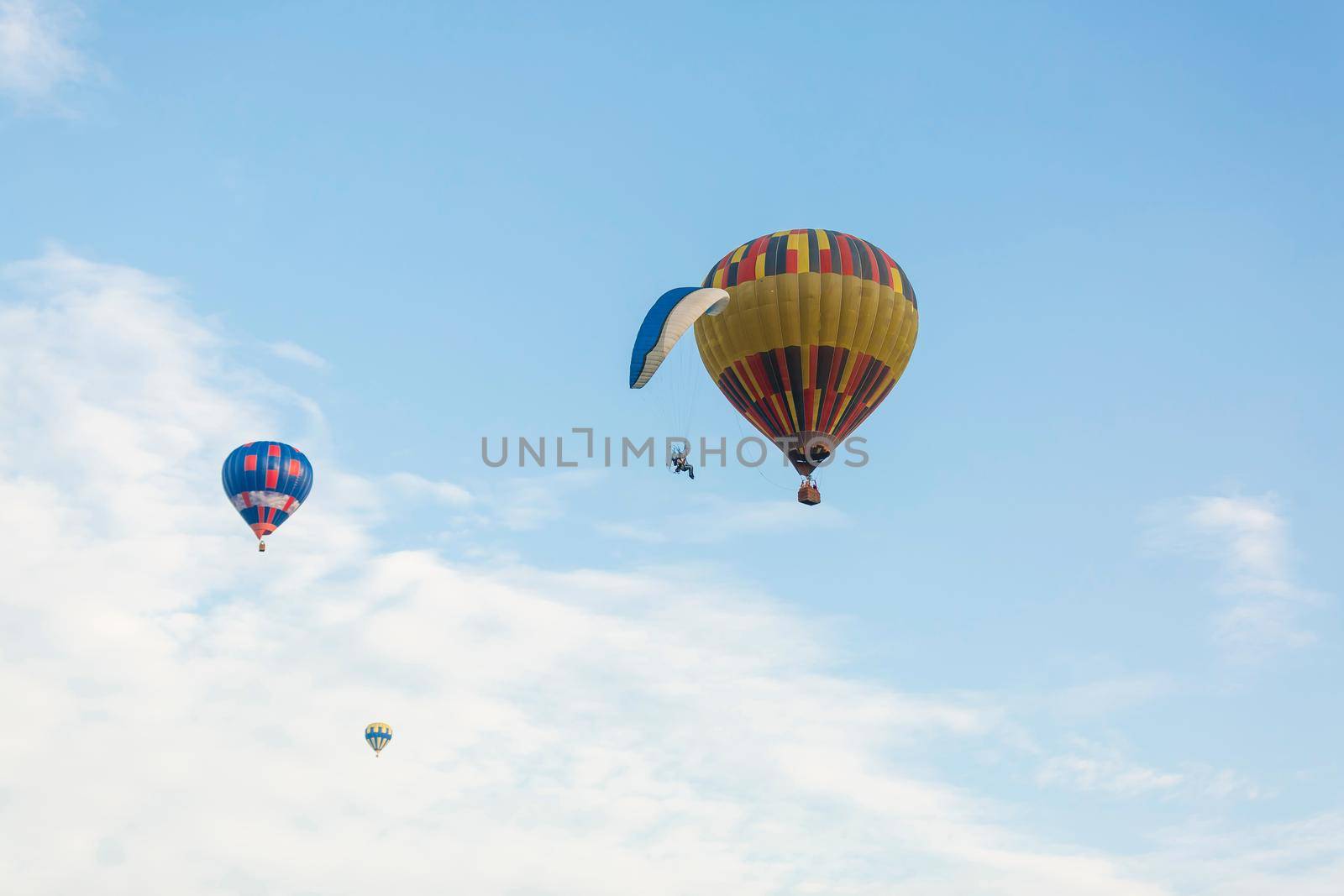 hot air balloon over blue sky. Composition of nature and blue sky background