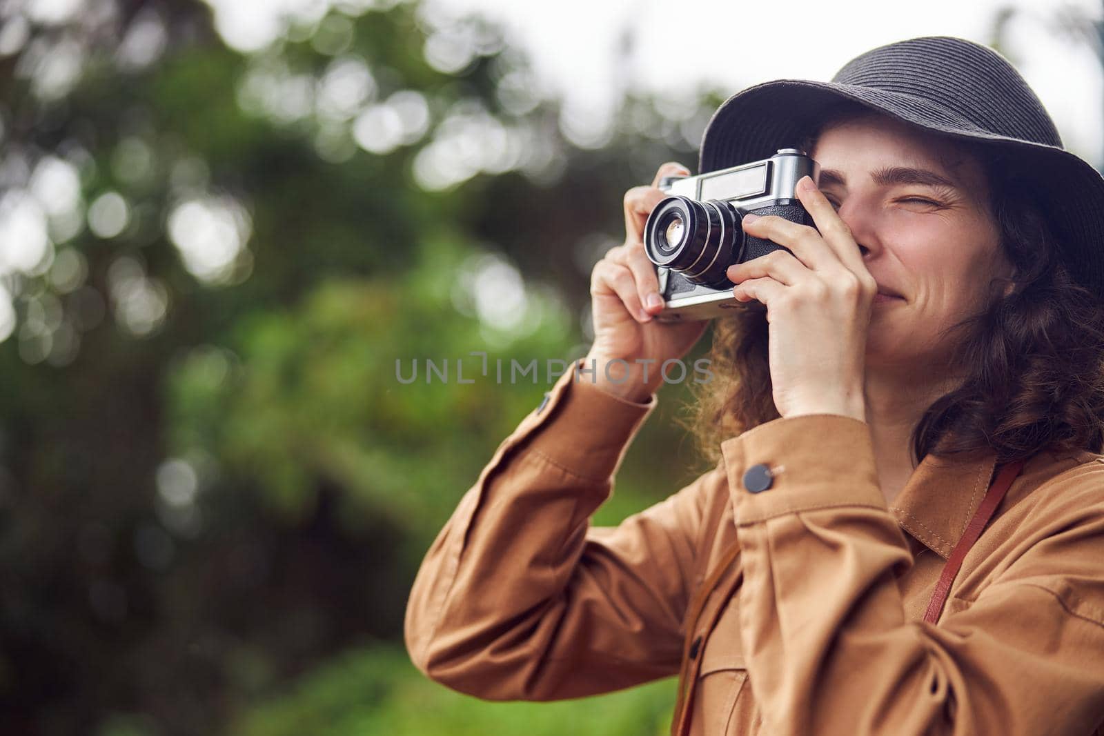 Beautiful young female caucasian tourist in equatorial africa jungles