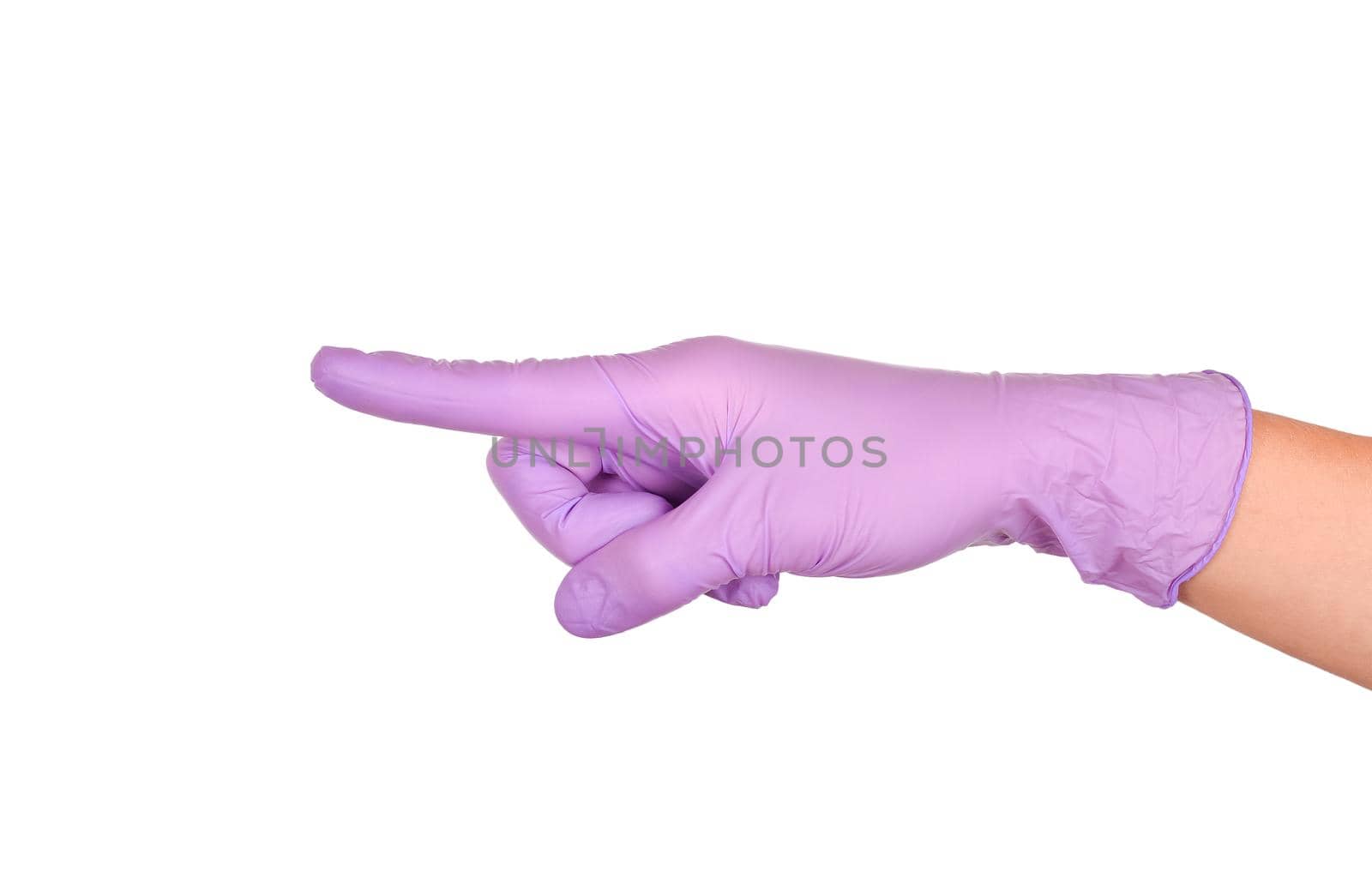Hand pointing this way to follow. Hand in a purple latex glove isolated on white. Woman's hand gesture or sign isolated on white. Hand touching or pointing to something