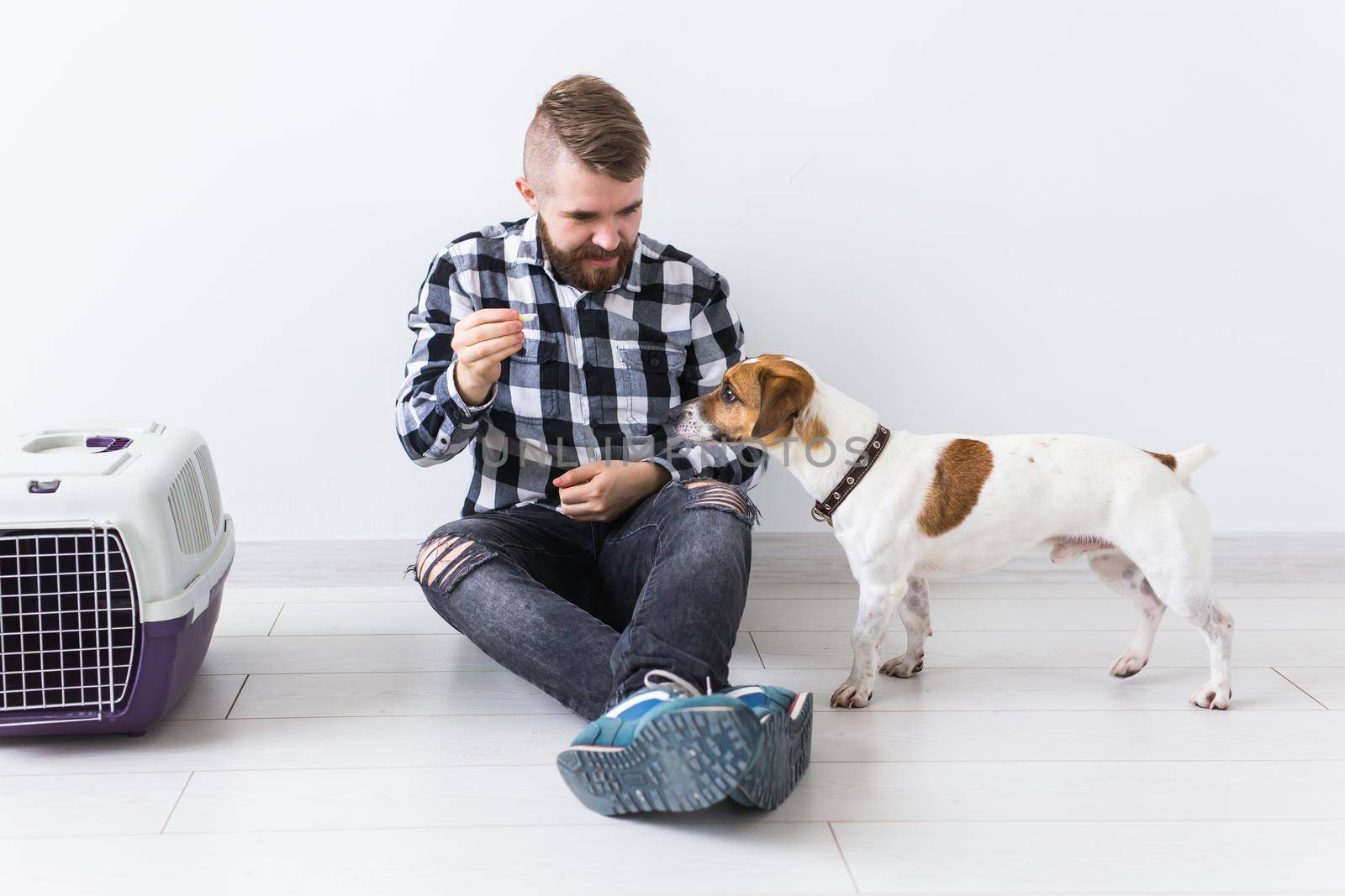 Dog carrying bags and pets owner concept - Attractive cheerful male in plaid shirt holds favourite pet. Happy bearded man with his jack russell terrier.