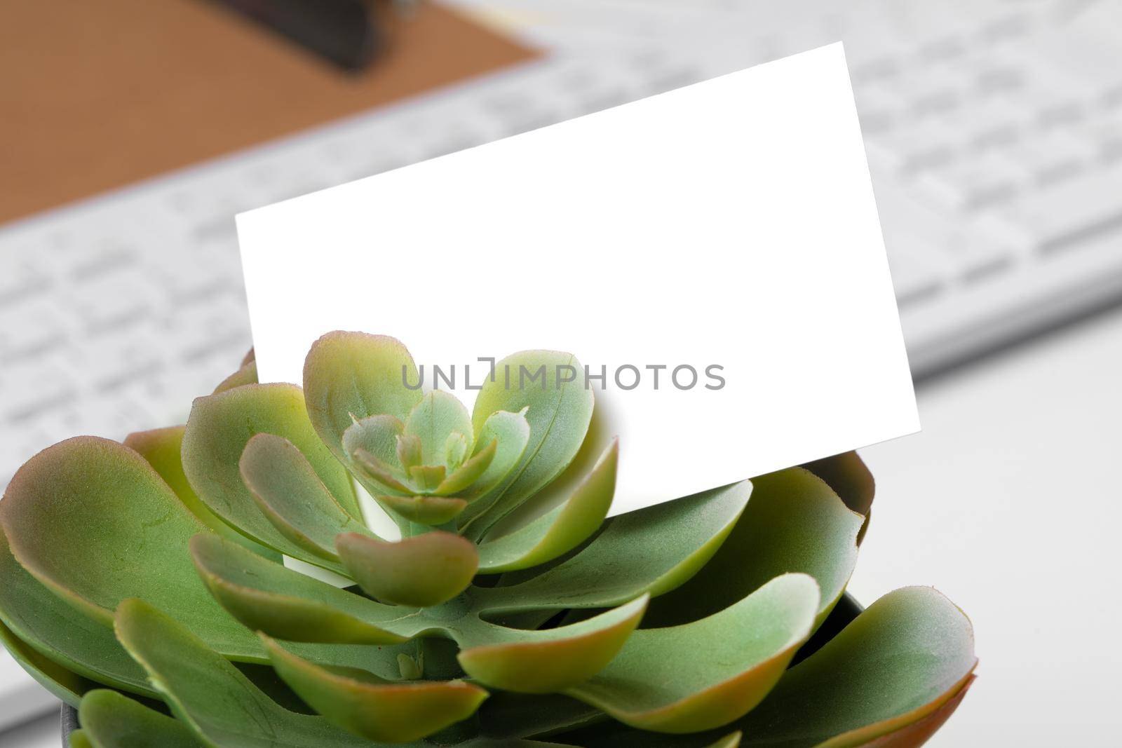 Blank business cards with supplies and keyboard on office table. Close up.