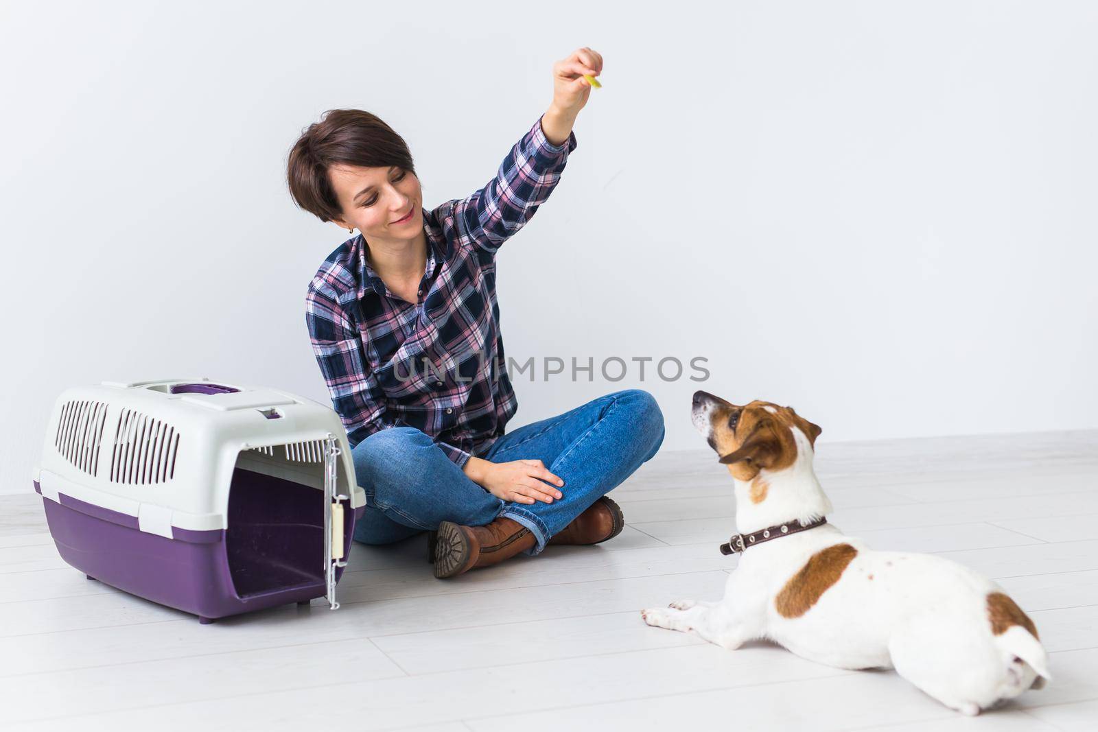 Dog carrying bags and pets owner concept - Attractive cheerful female in plaid shirt holds favourite pet. Happy woman with her jack russell terrier.