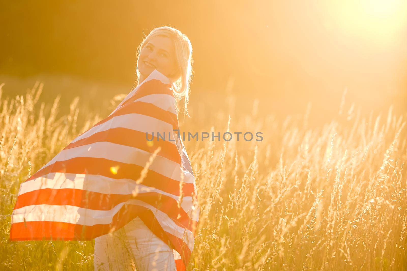 Beautiful Young Woman with USA Flag