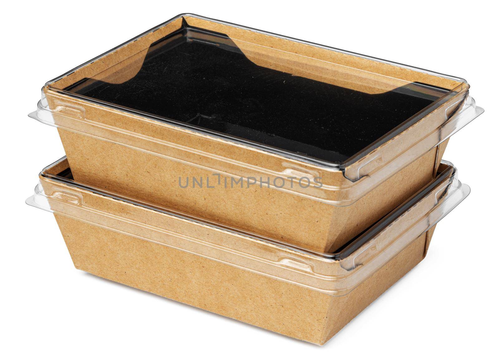 Craft package food box with transparent cover on white background close up