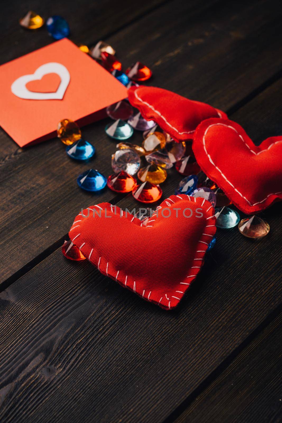 greeting cards decoration holiday valentines day hearts wooden background. High quality photo