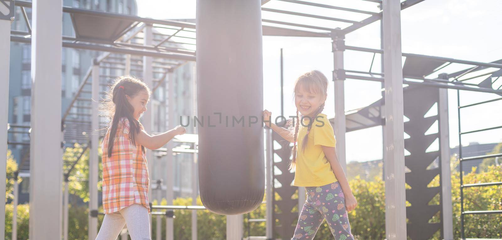 Two cute little girls having fun on a playground outdoors in summer. Sport activities for kids. by Andelov13