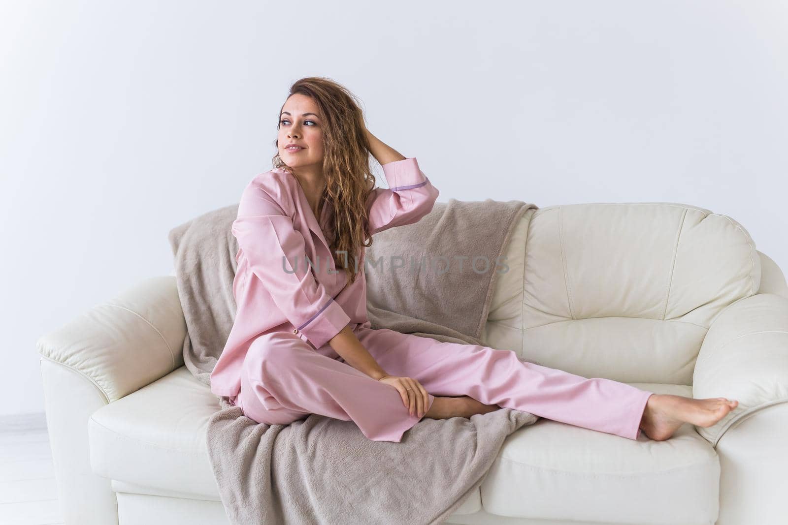 Glamorous girl with happy smile in good morning. Positive female model.