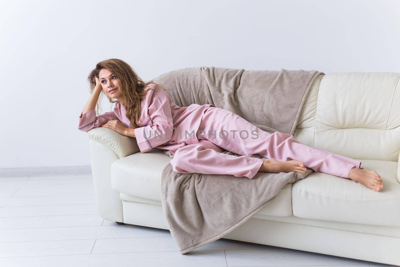 Glamorous girl with happy smile in good morning. Positive female model.