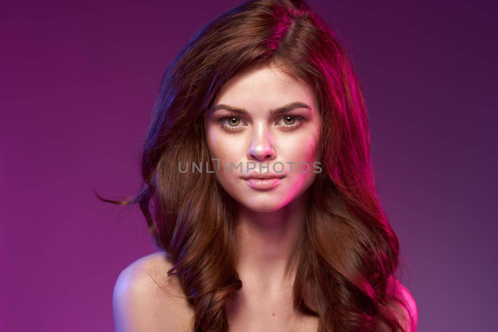 pretty woman makeup posing naked shoulders hairstyle cropped view. High quality photo
