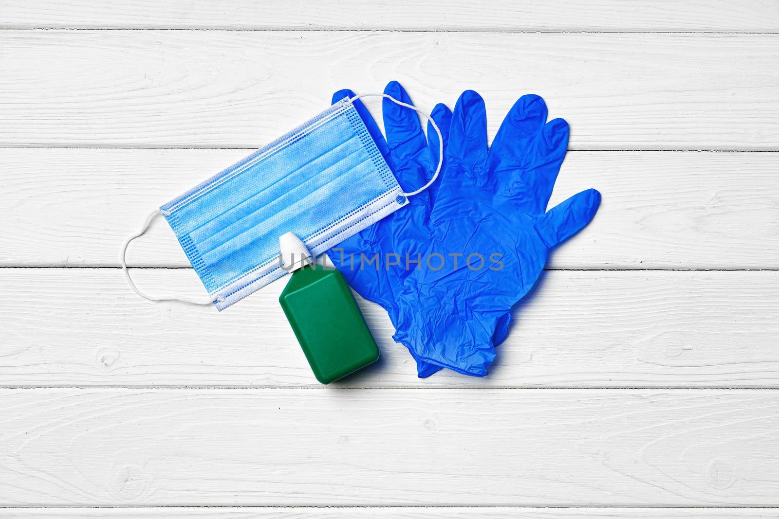 Face mask, medical gloves and sanitizer. Coronavirus covid-19 prevention concept