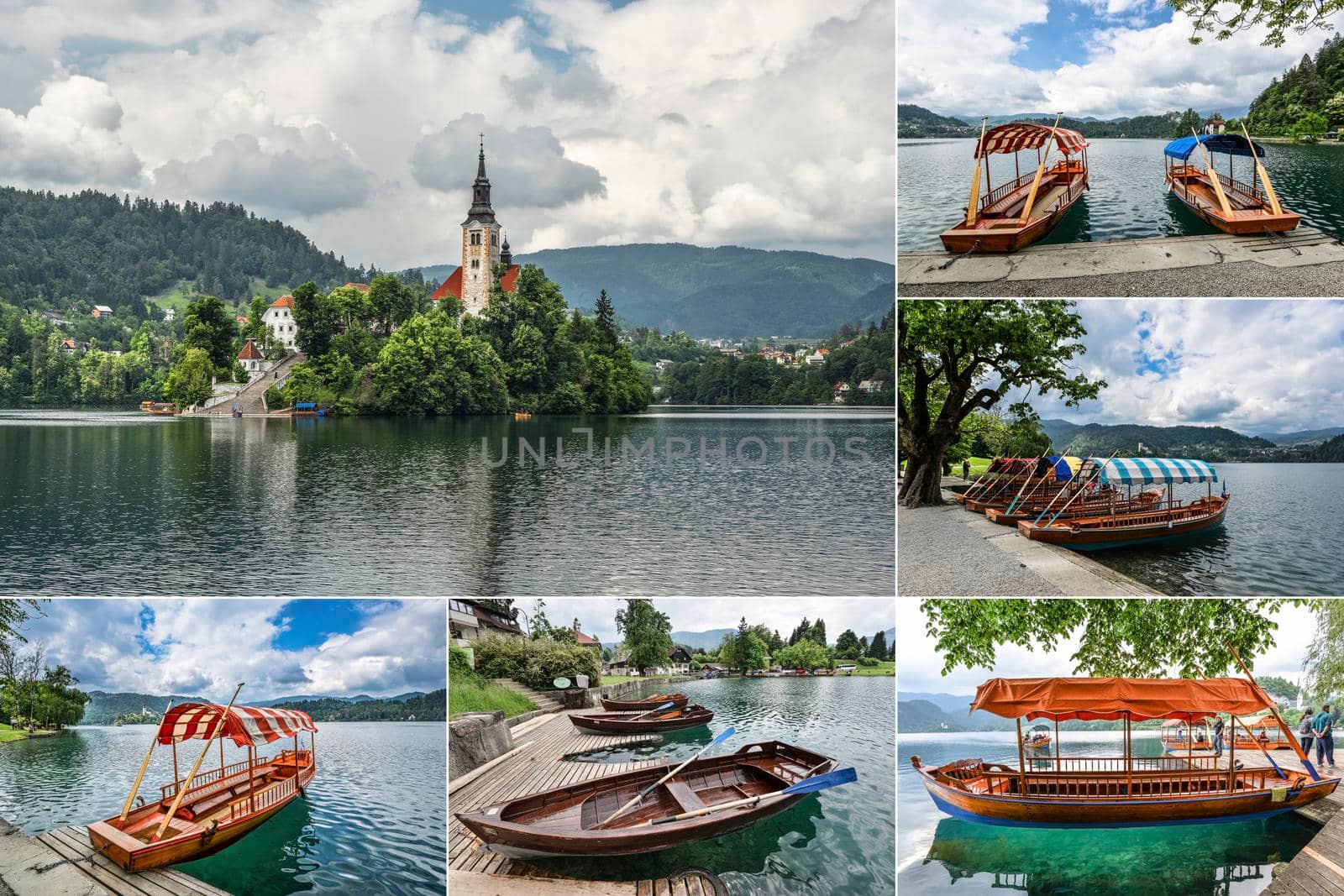 Bled, Slovenia - December 22, 2019: Collage of landmarks of Bled lake and town, Slovenia