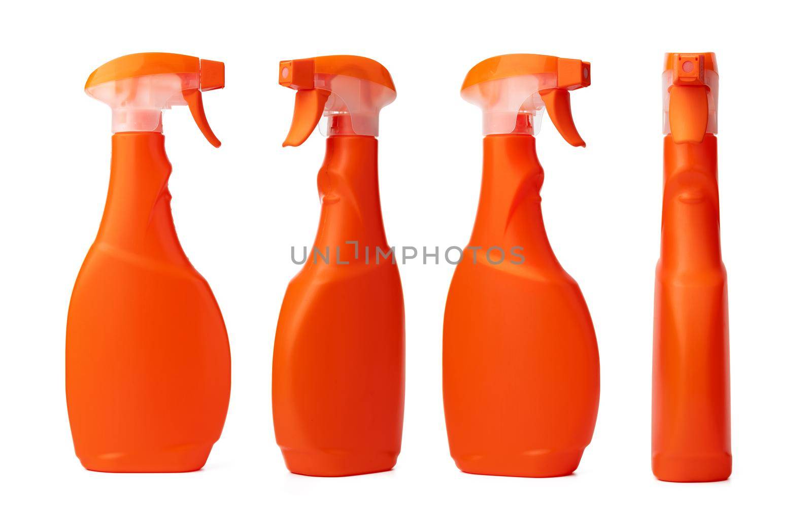 Orange plastic bottle of liquid detergent isolated on white background