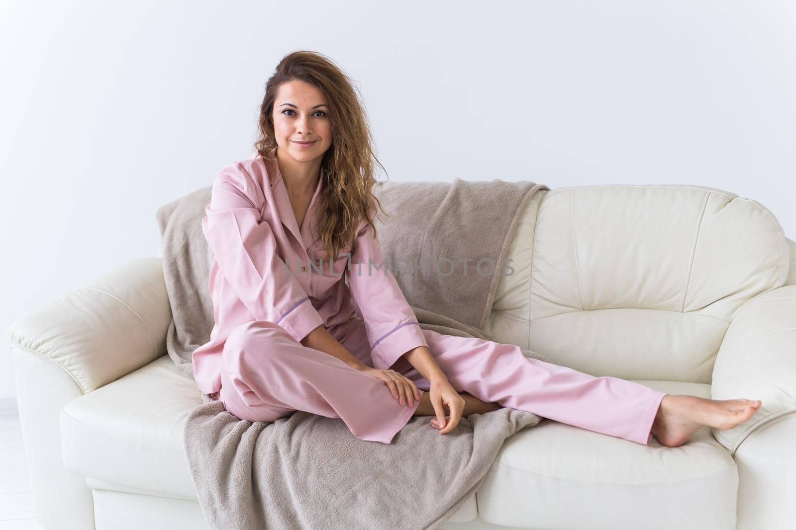 Glamorous girl with happy smile in good morning. Positive female model.