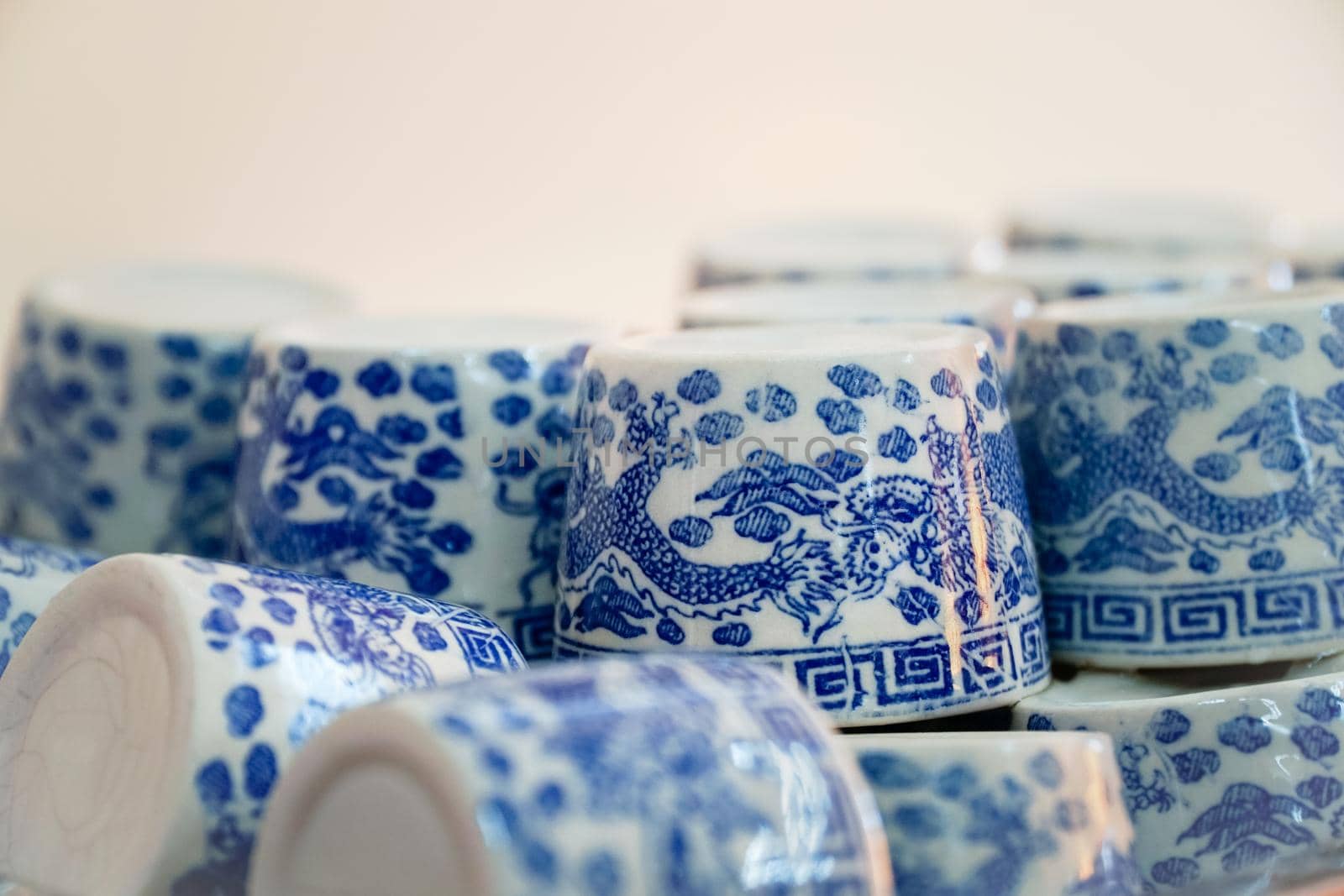 Rows of Traditional Chinese Ceramic Tea Cups