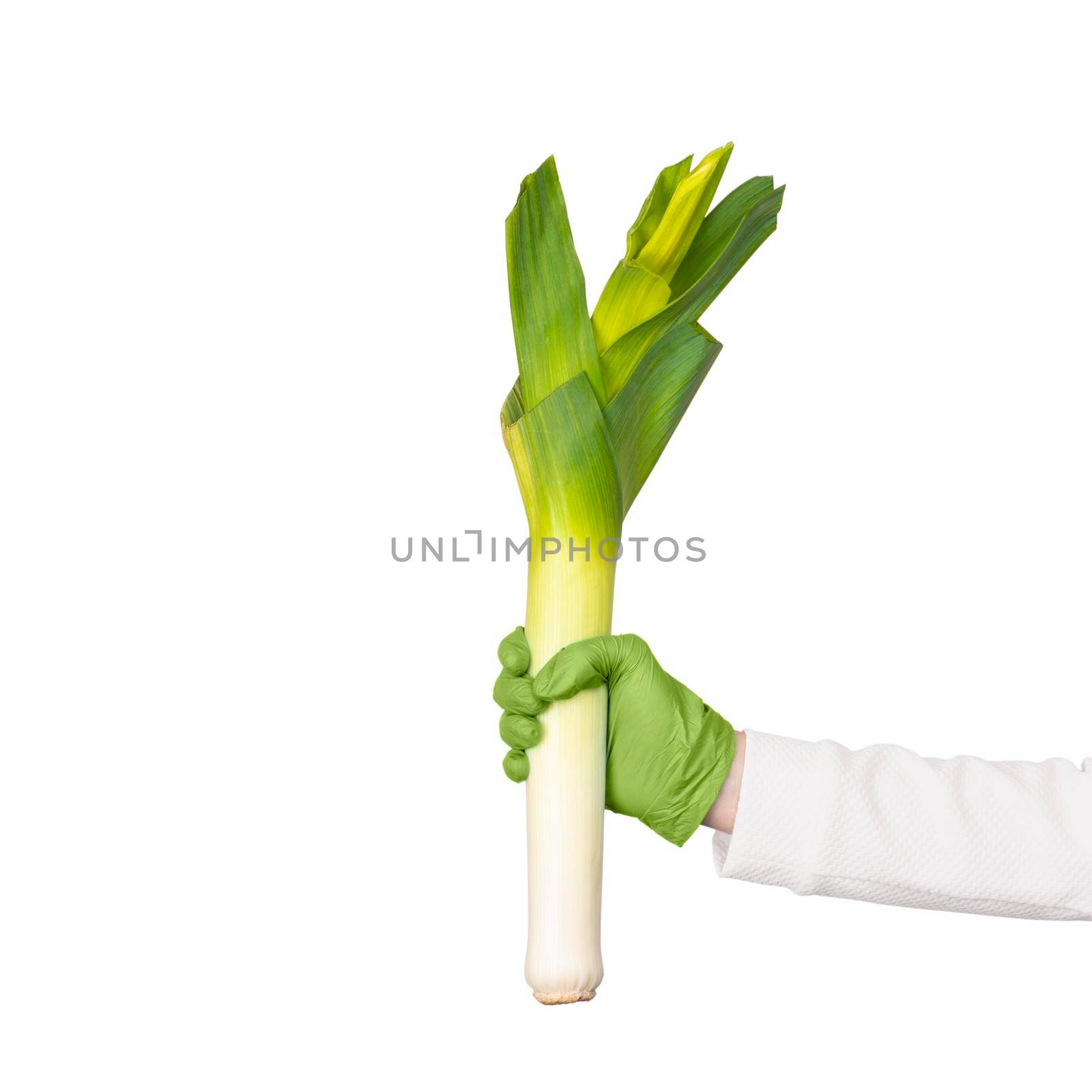 Female hand in disposable glove holds leek. Hygiene in the kitchen concept