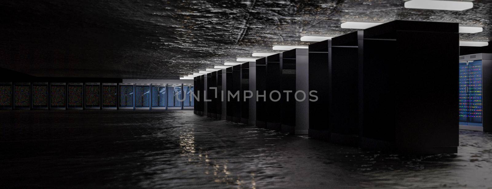 Server racks in server room cloud data center. Datacenter hardware cluster. Backup, hosting, mainframe, mining, farm and computer rack with storage information. 3D rendering. 3D illustration