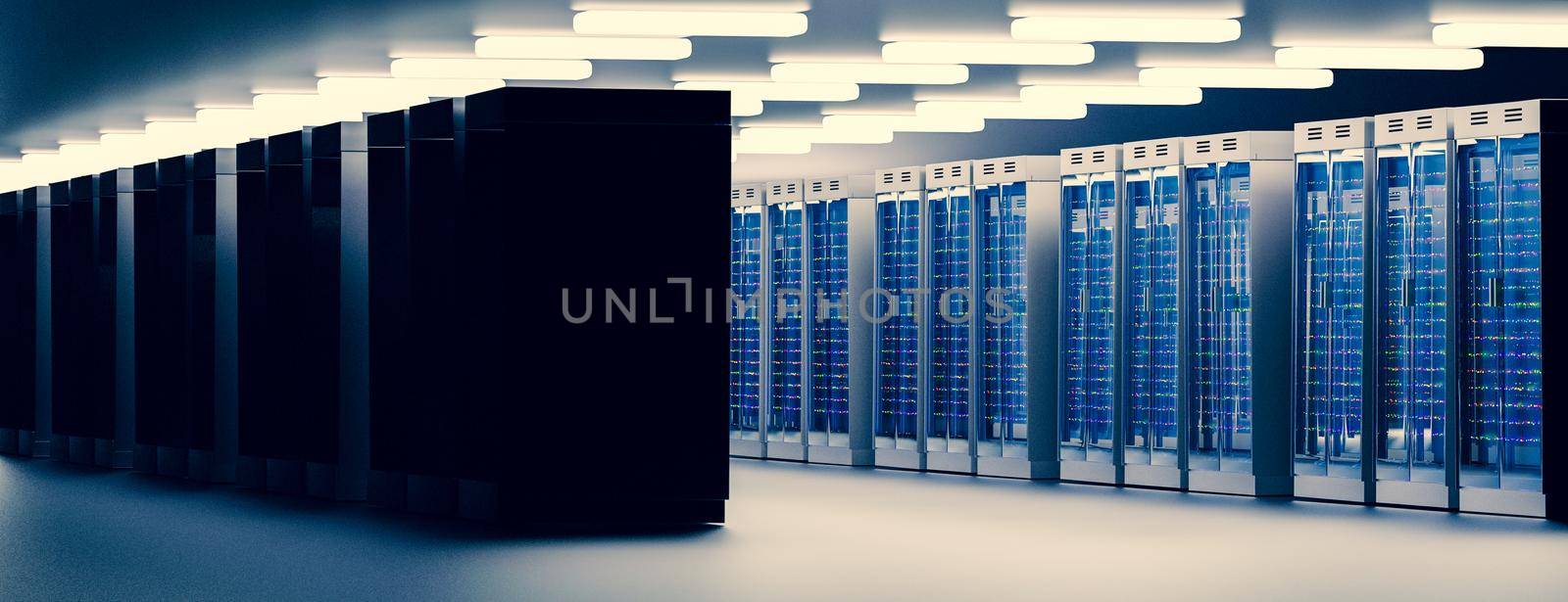 Server room data center. Backup, mining, hosting, mainframe, farm and computer rack with storage information. 3d render by kwarkot