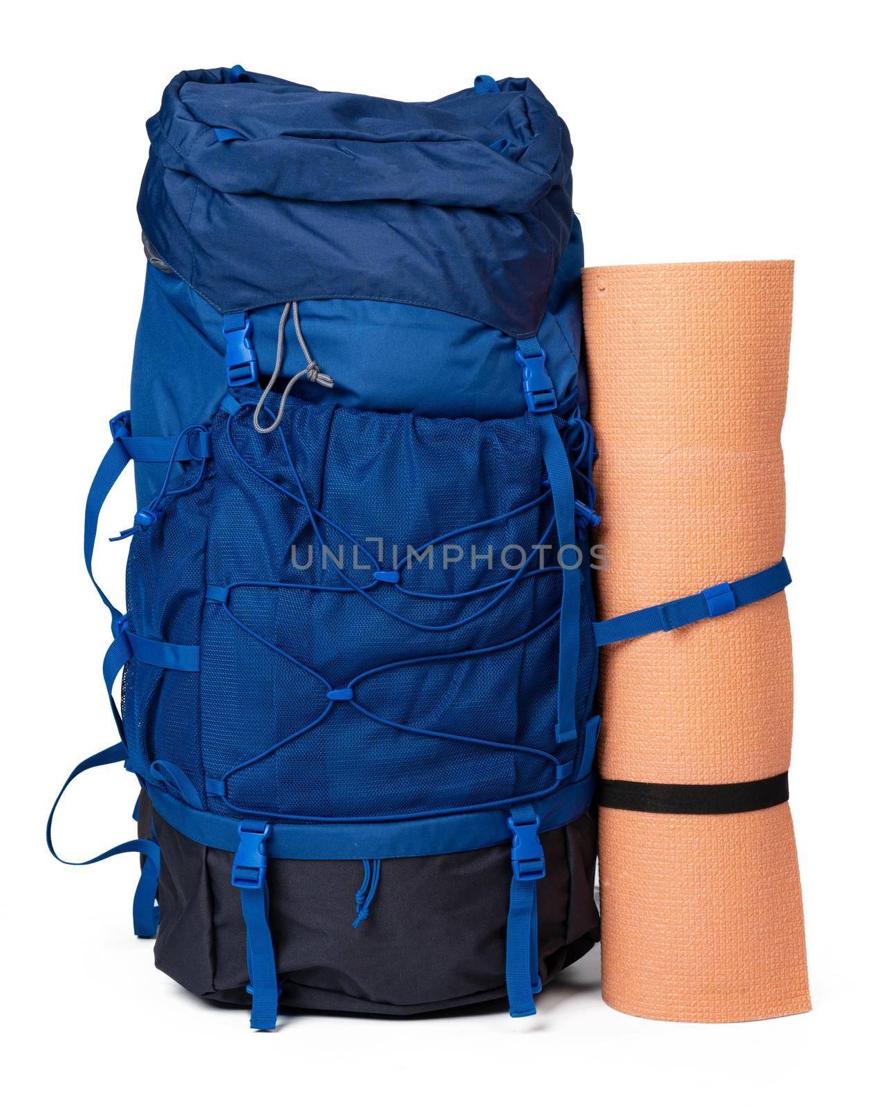 Blue hiking backpack with fitness mat isolated on white by Fabrikasimf