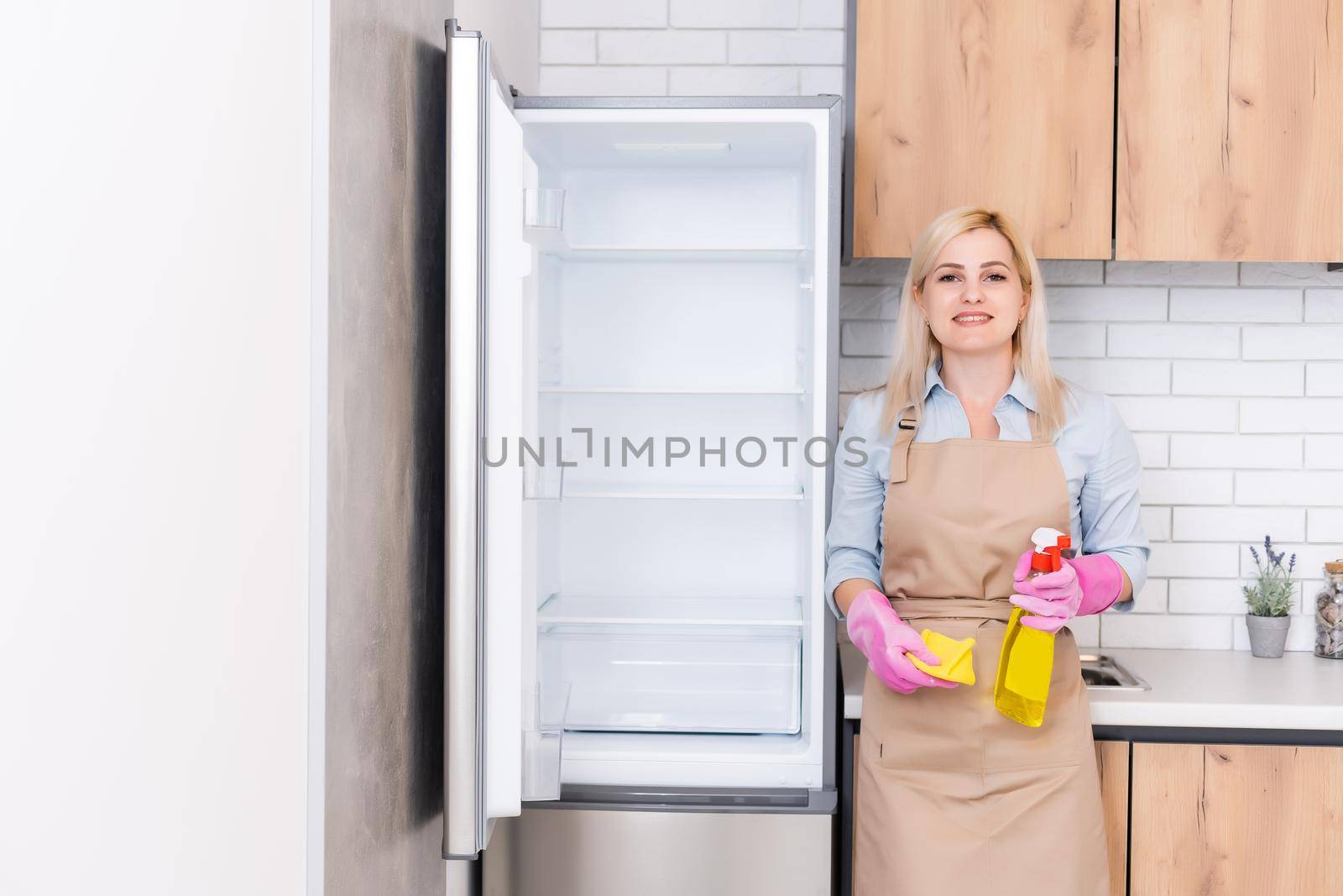 Young woman Cleaning Kitchen Cabinets