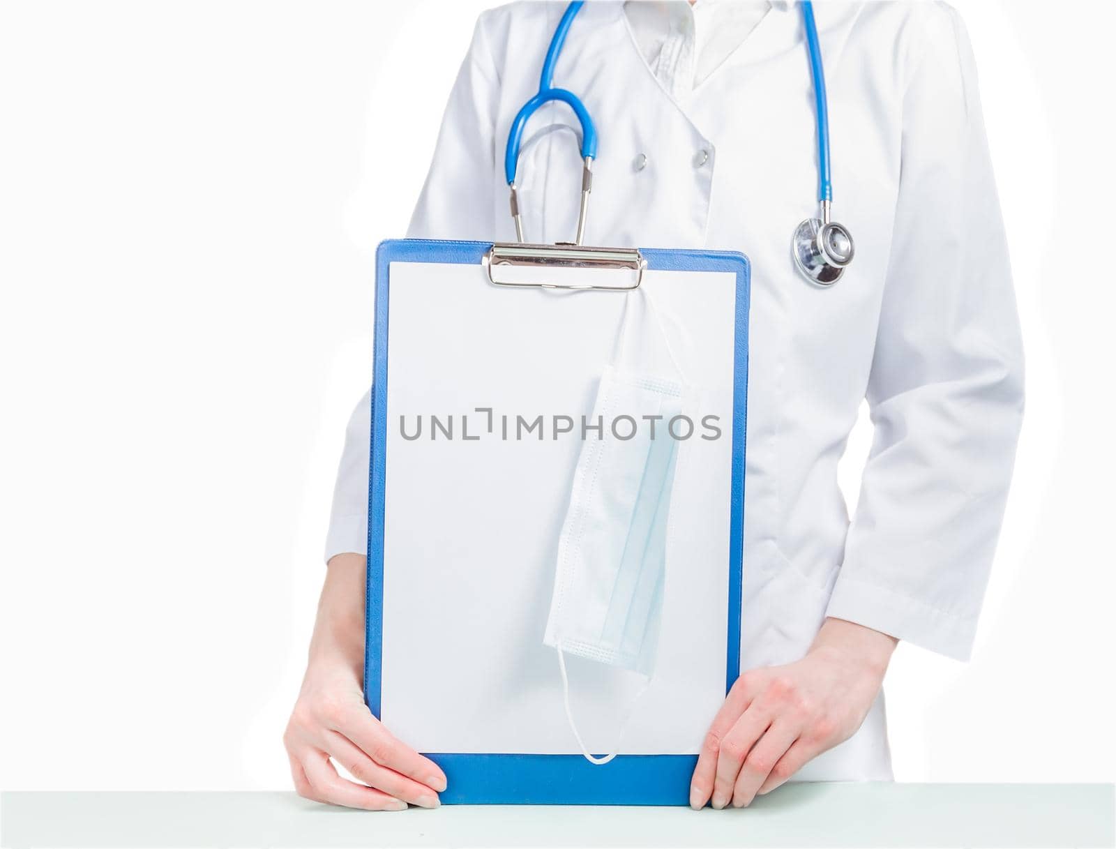 Holding clipboard at breast doctor. Isolated on white background