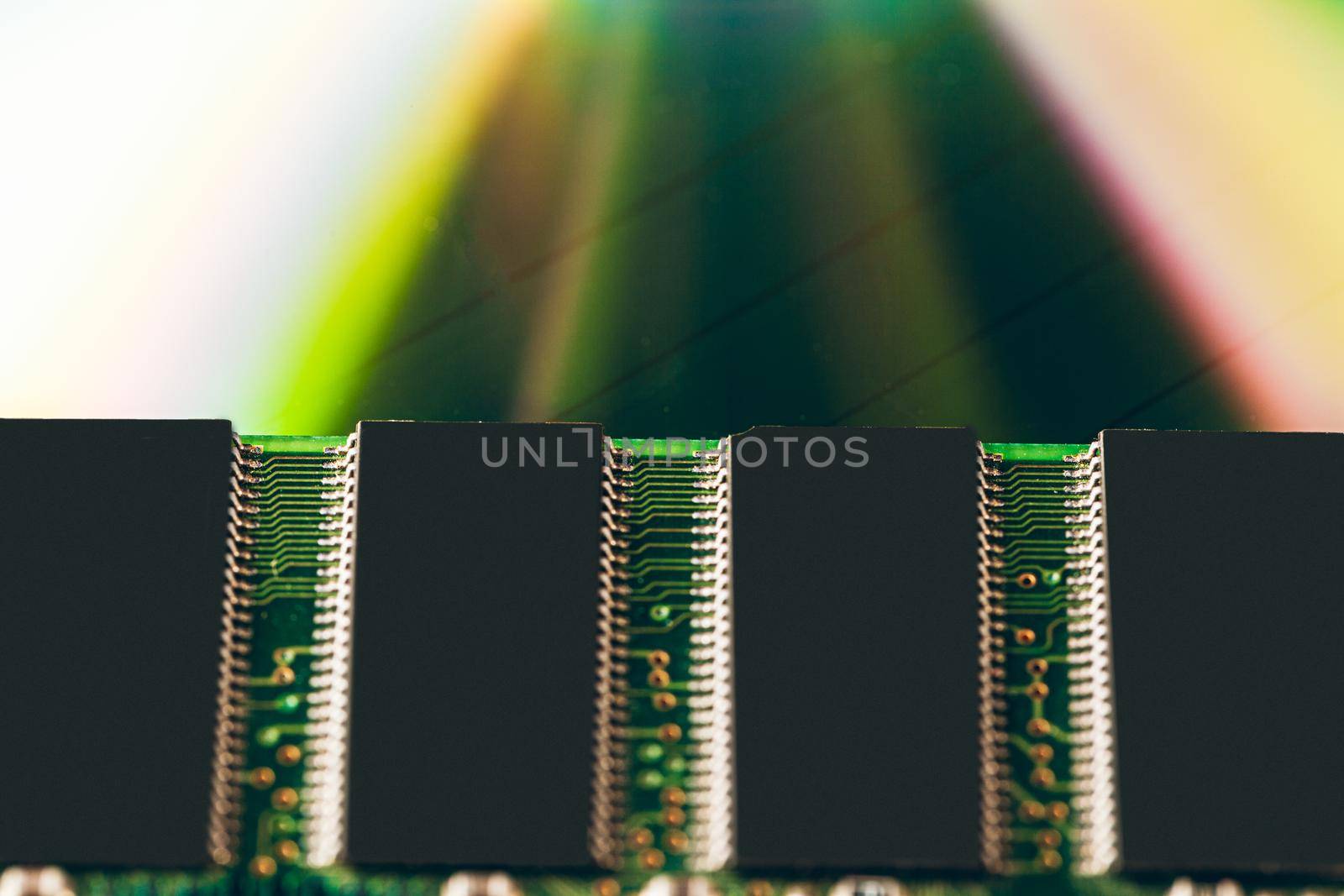 Green circuit board of a computer . Macro photo. Close up.