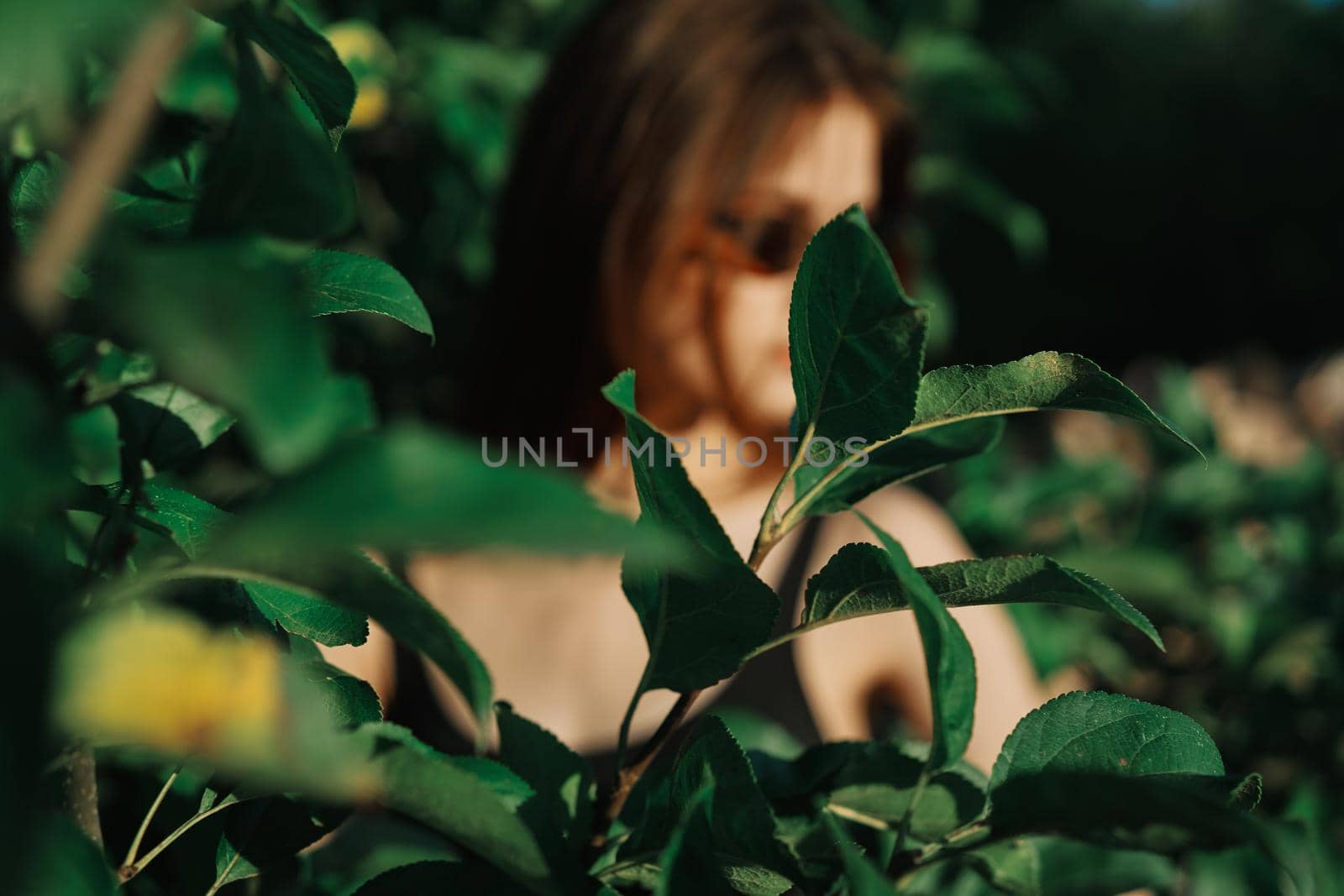 pretty woman wearing sunglasses green leaves posing summer by Vichizh