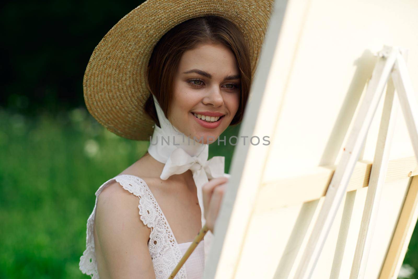 Woman in white dress artist easel painting nature landscape by Vichizh