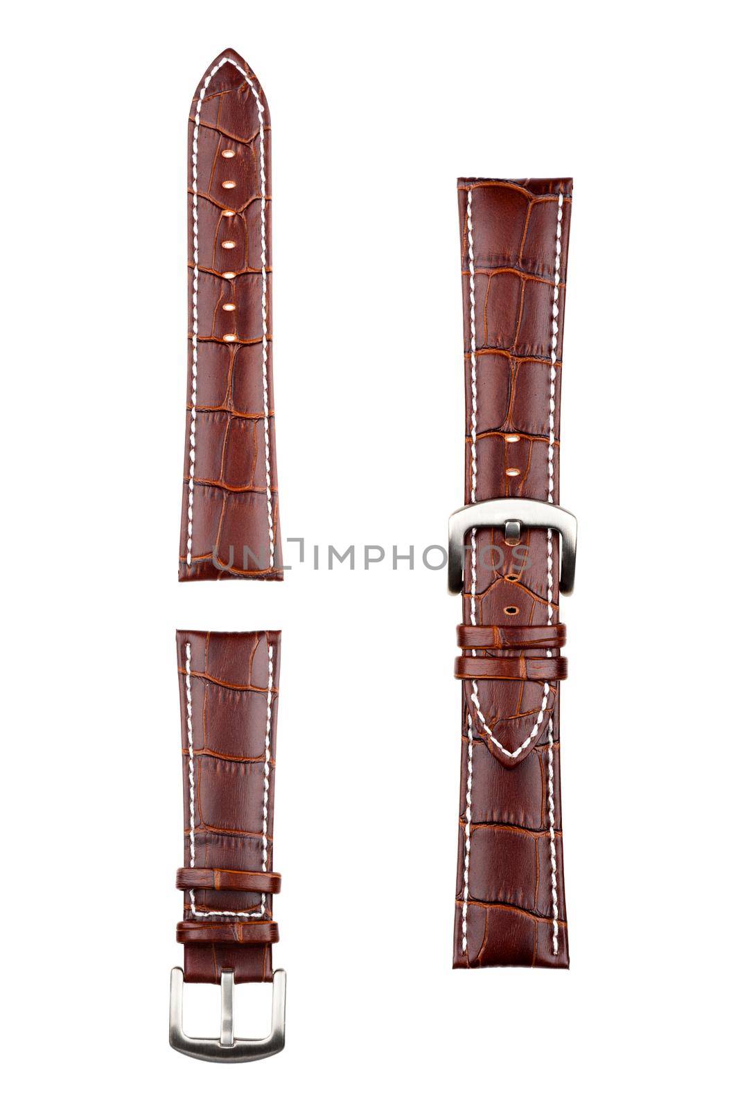 closeup brown crocodile grain leather watch band on white background