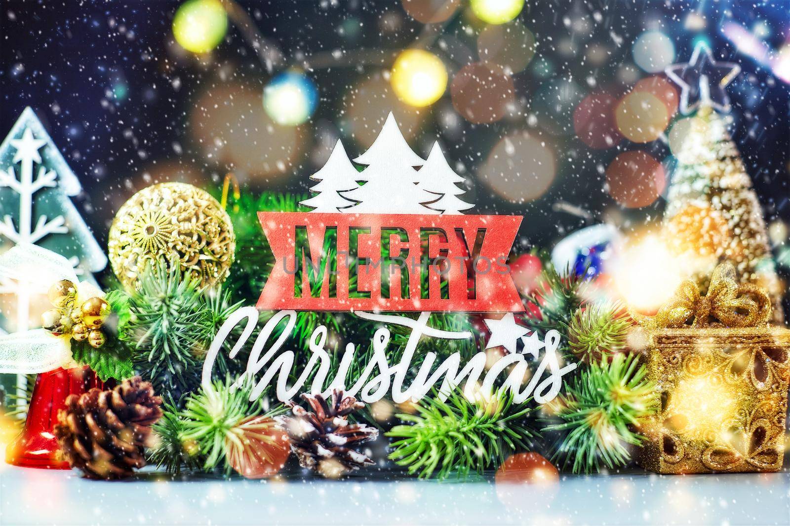 Christmas or New Year dark background, Xmas black board framed with season decorations, space for a text