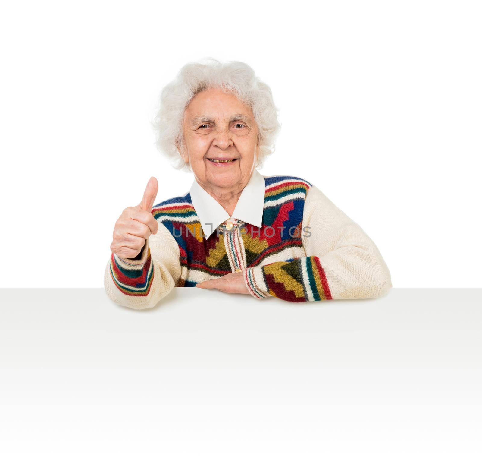 elderly woman behind an advertising board over white background