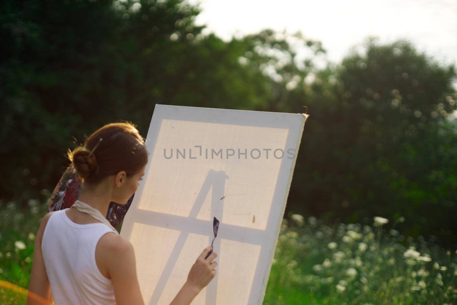 woman artist outdoors paint palette painting landscape by Vichizh