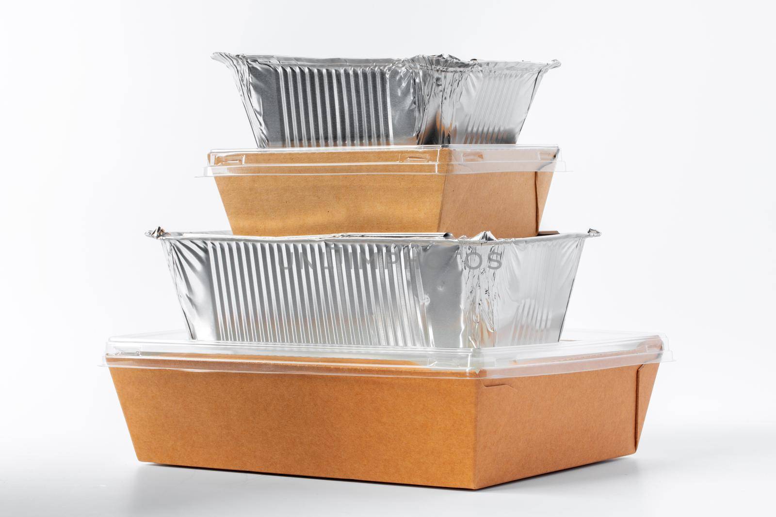 Assortment of food delivery containers on white background close up