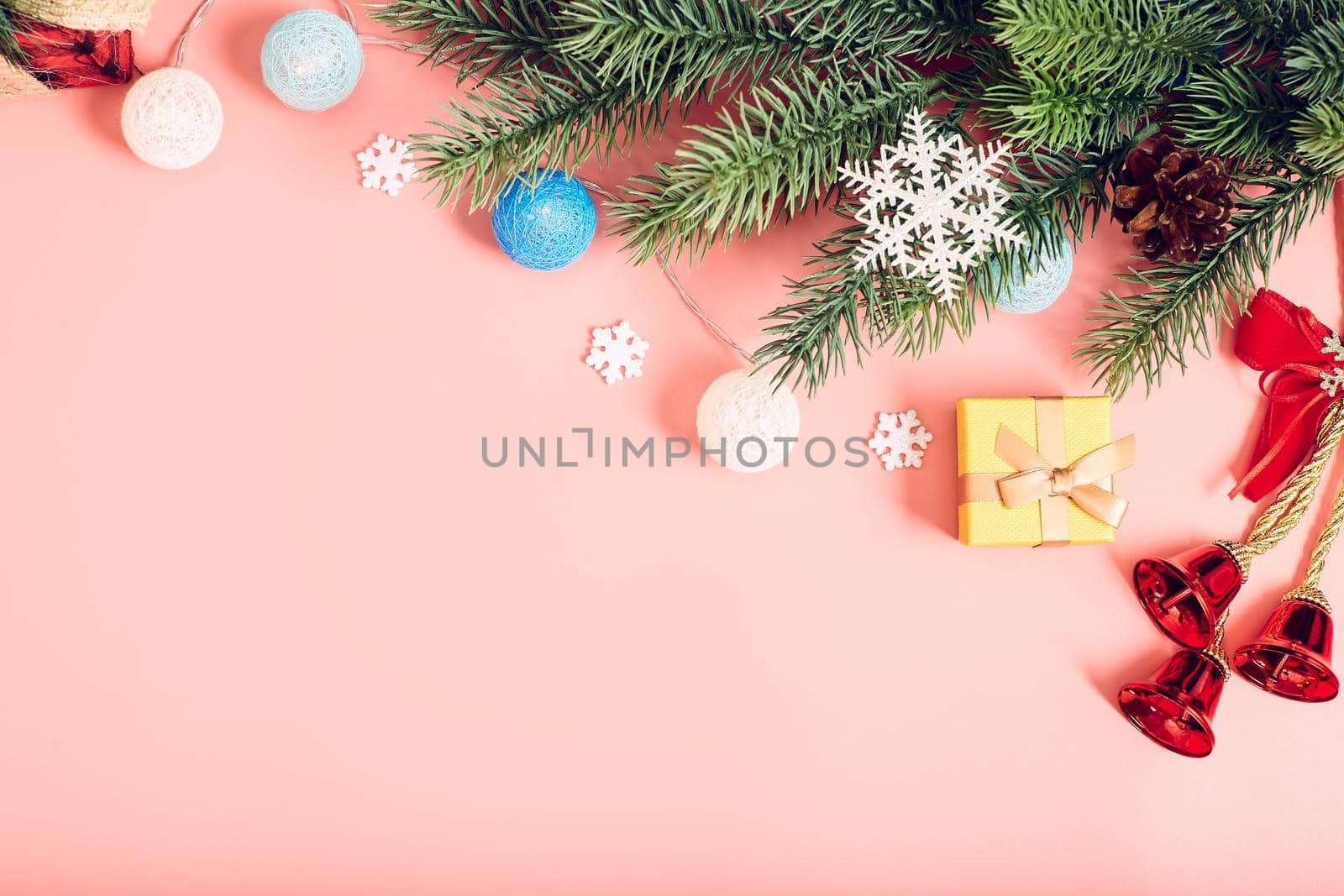 Christmas background with fir tree and decor. Top view with copy space ,  Christmas composition.