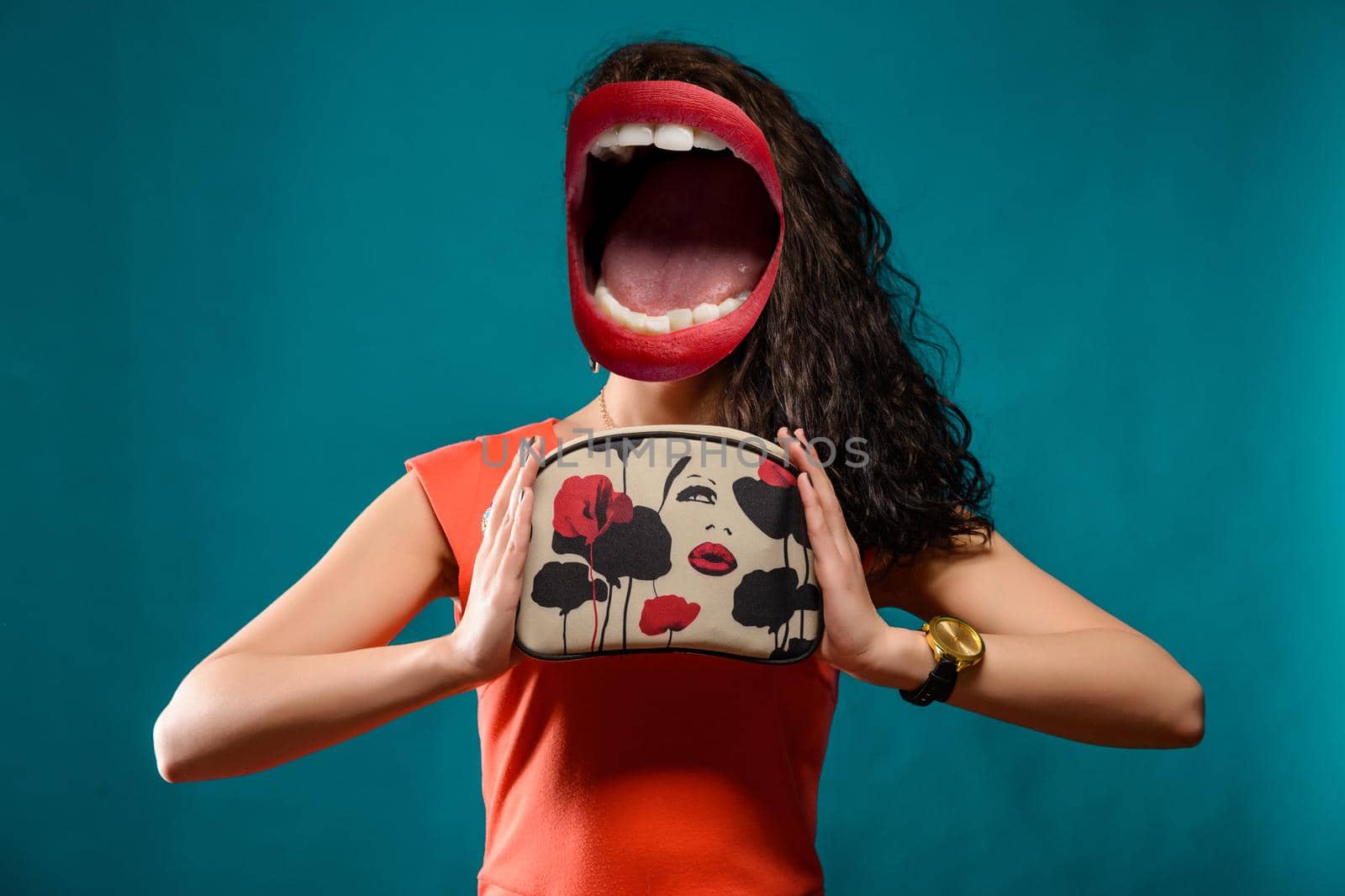 Collage of open mouth instead of a woman's head with clutch bag in her hands.