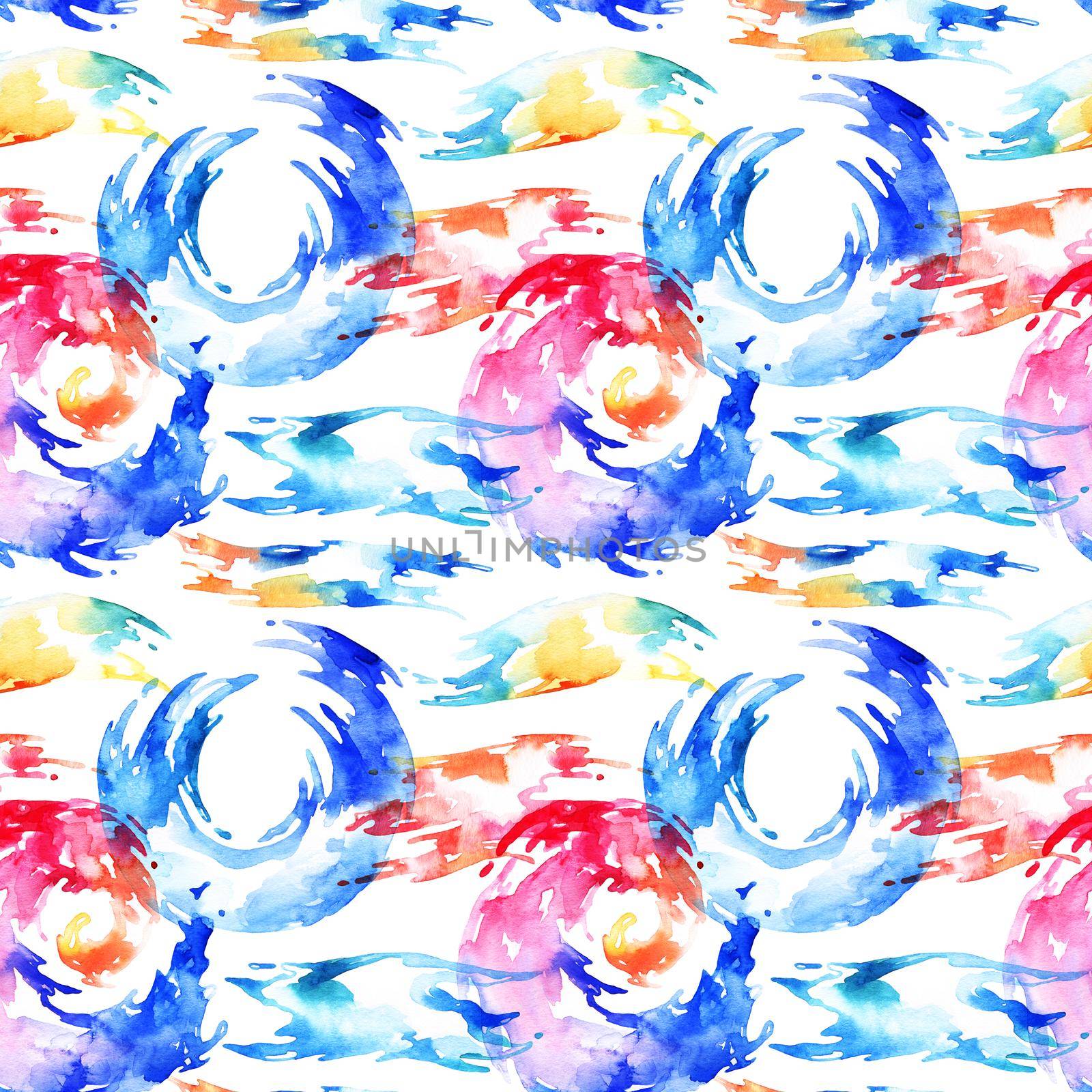 Abstract seamless pattern with watercolor color stains - hand drawn decorative elements on white background