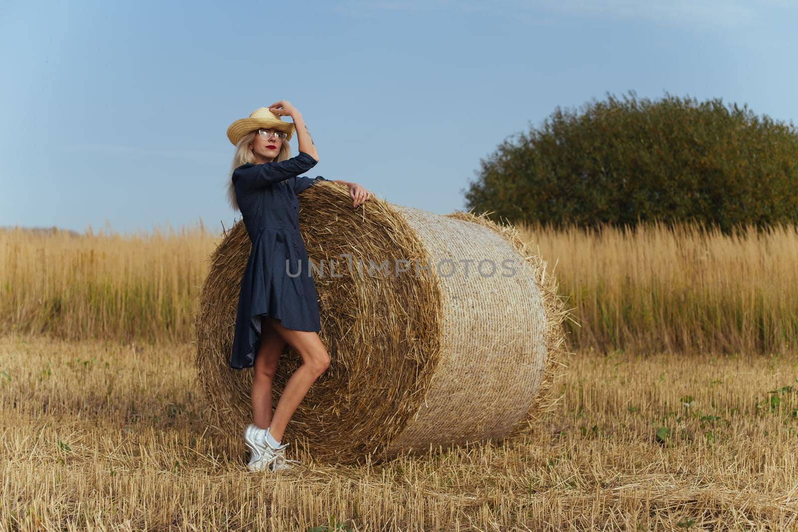 Beautiful girl villager posing in a dress near a bale of hay in a field