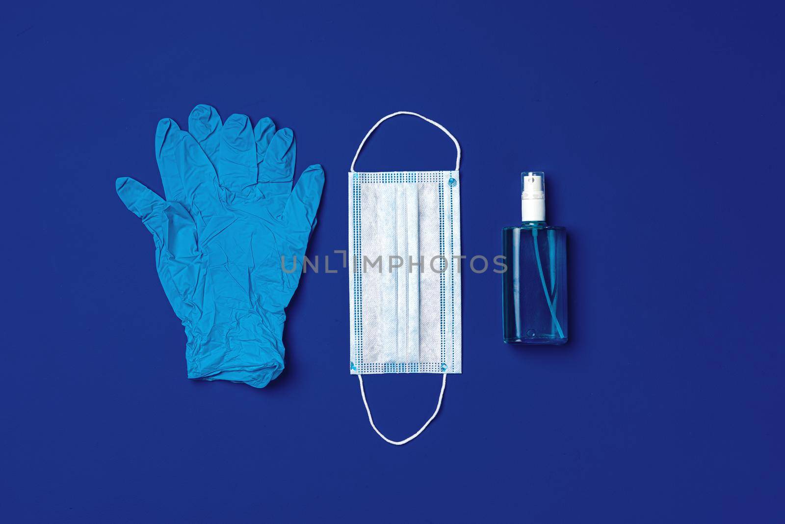 Face mask, medical gloves and sanitizer. Coronavirus covid-19 prevention concept