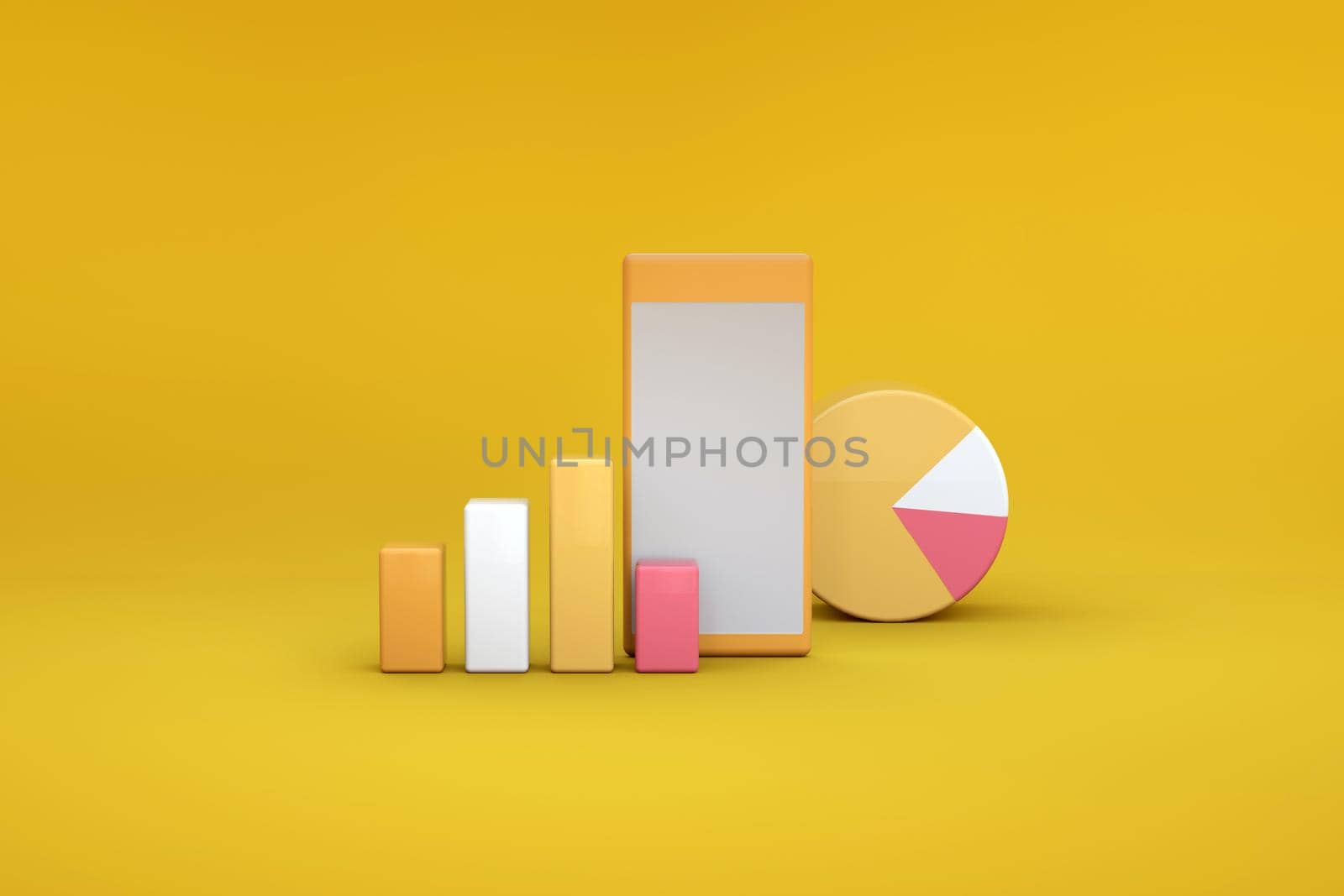 3D illustration of graphs and diagrams on a yellow isolated background. 3D illustration of objects and 3D orange icons on an isolated background. Statistics, charts, graphs, reports. by Camera_motorin