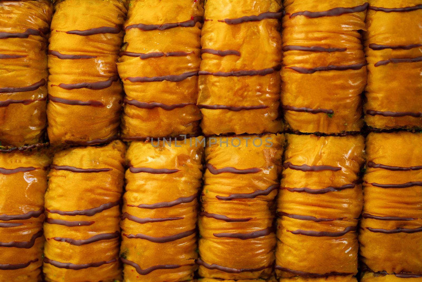 Top view food pattern texture of Turkish dessert baklava