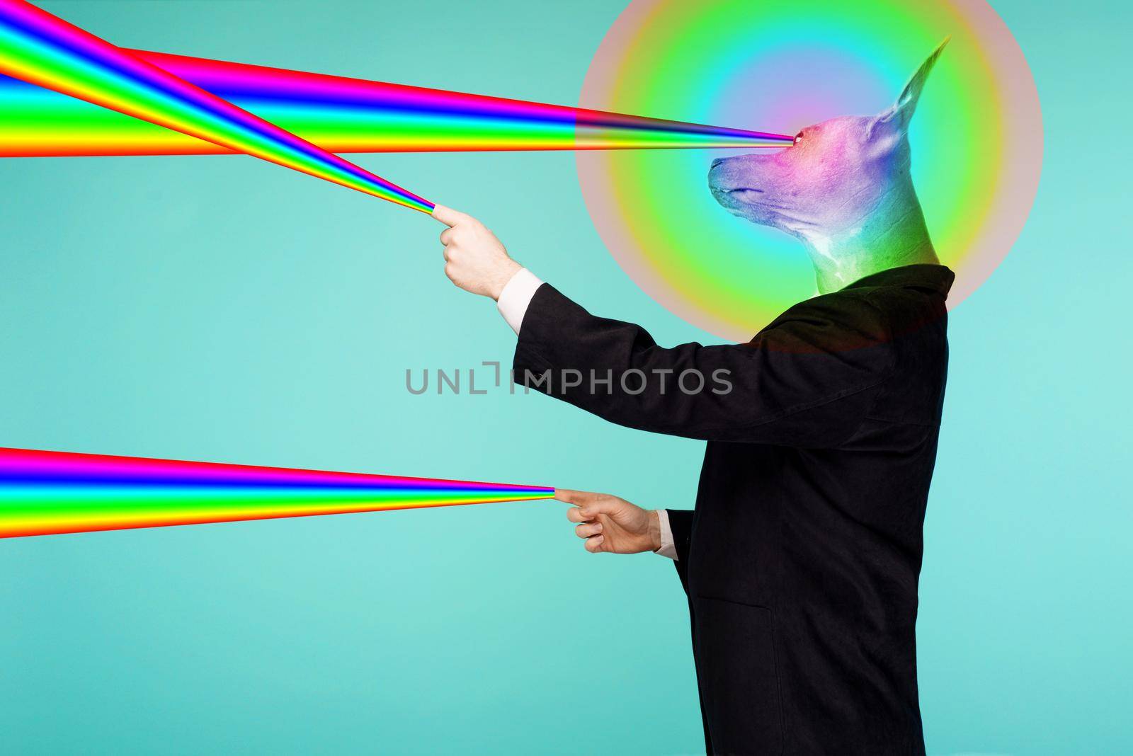 Psychedelic collage portrait of a male businessman with a head of a Chinese crested dog shooting rainbow lasers from fingers and eyes. Funny picture in the style of swag.