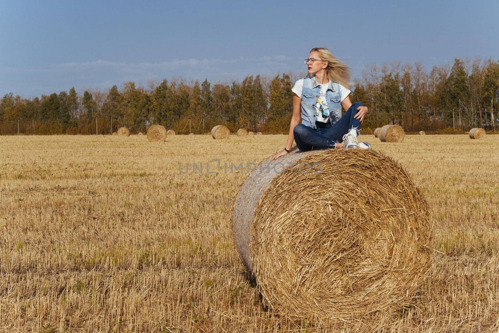 Beautiful girl villager posing in jeans on a bale of hay in a field