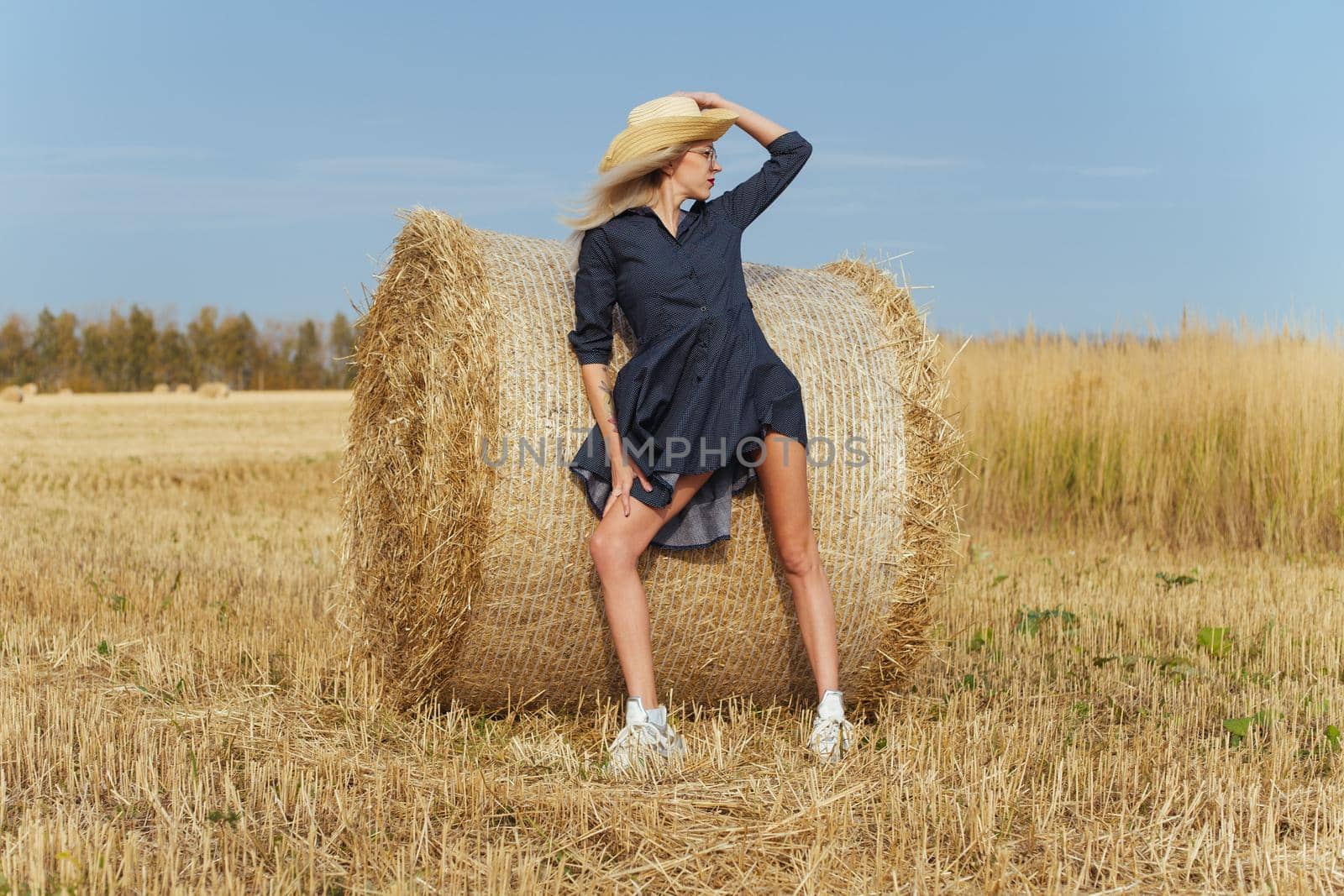 Beautiful girl villager posing in a dress near a bale of hay in a field