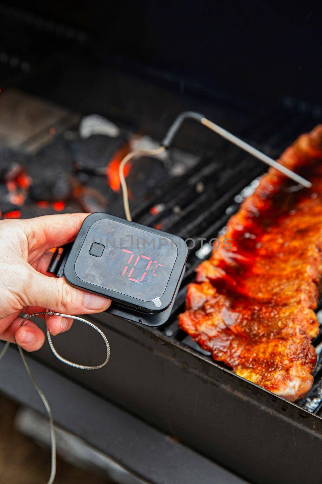 Digital Thermometer BBQ, grill, barbecue for beaf steak and spare rib ant other meat. measuring temperature close up