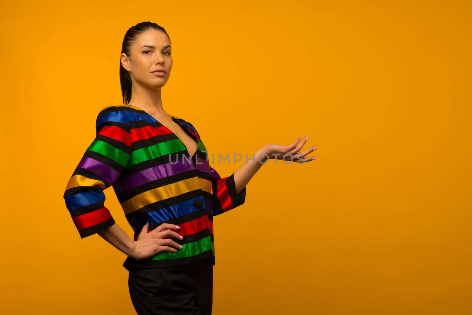 Young lesbian girl and an LGBT community representative posing in a flag coloring jacket LGBTQ by zartarn