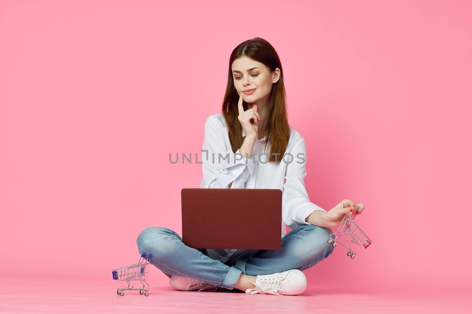 student laptop education internet pink technology background. High quality photo